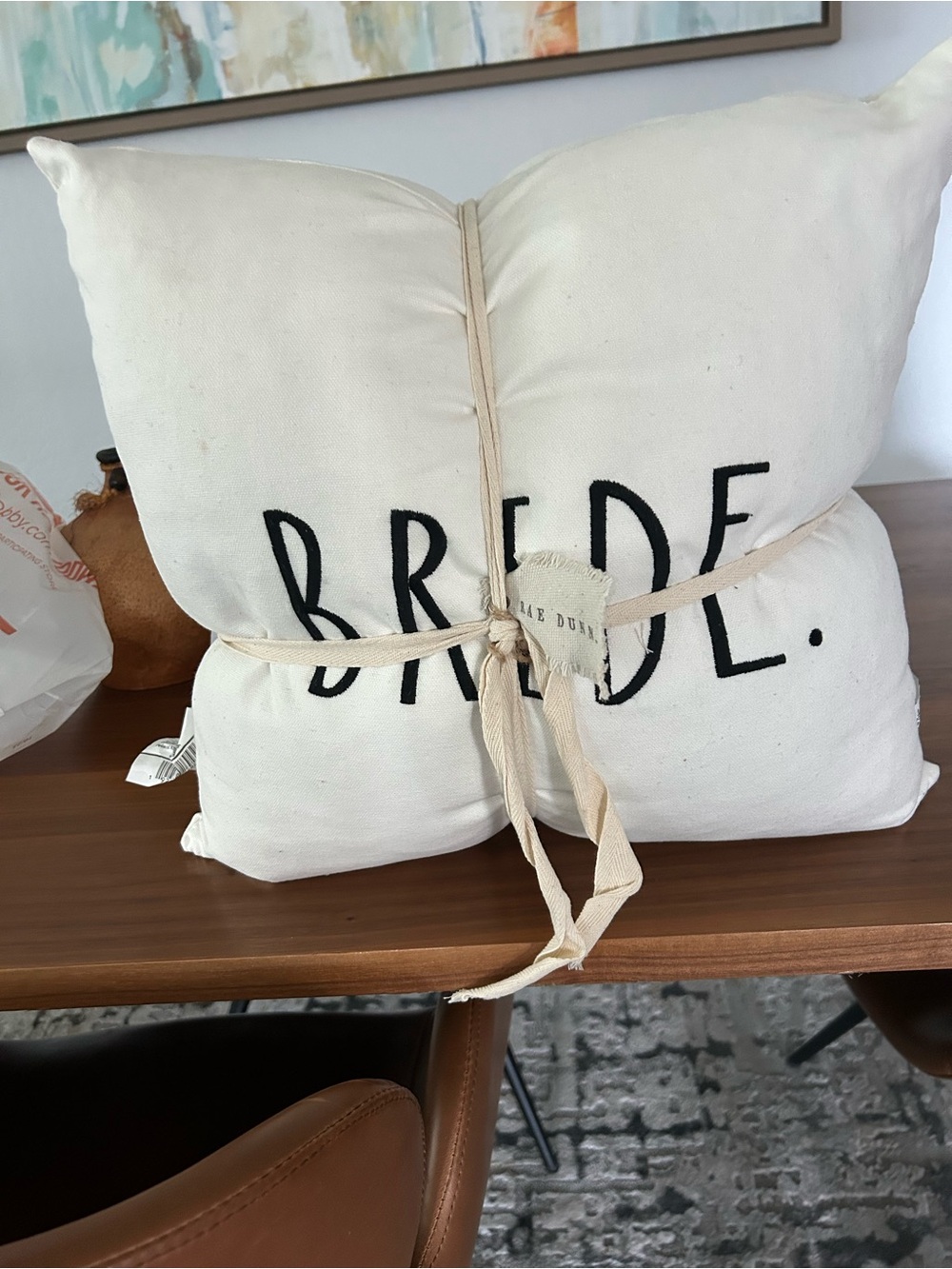 Rae Dunn Bride/Groom White Throw Pillow with Black Lettering and Cream Tie